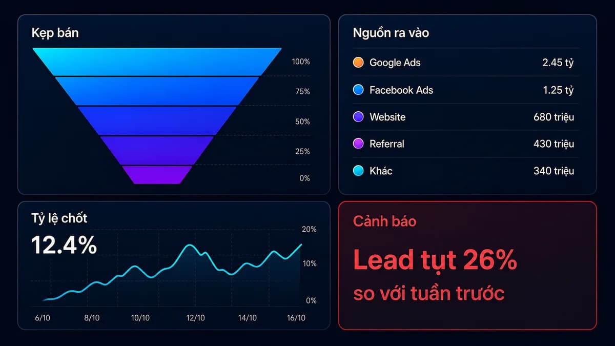 Dashboard NAVI Funnel cho lead-gen — phễu bán, nguồn ra vào, tỉ lệ chốt, cảnh báo lead tụt