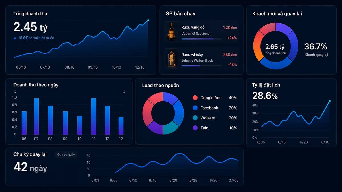 Dashboard NAVI Insight cho shop bán lẻ — tổng doanh thu, SP bán chạy, khách mới và quay lại
