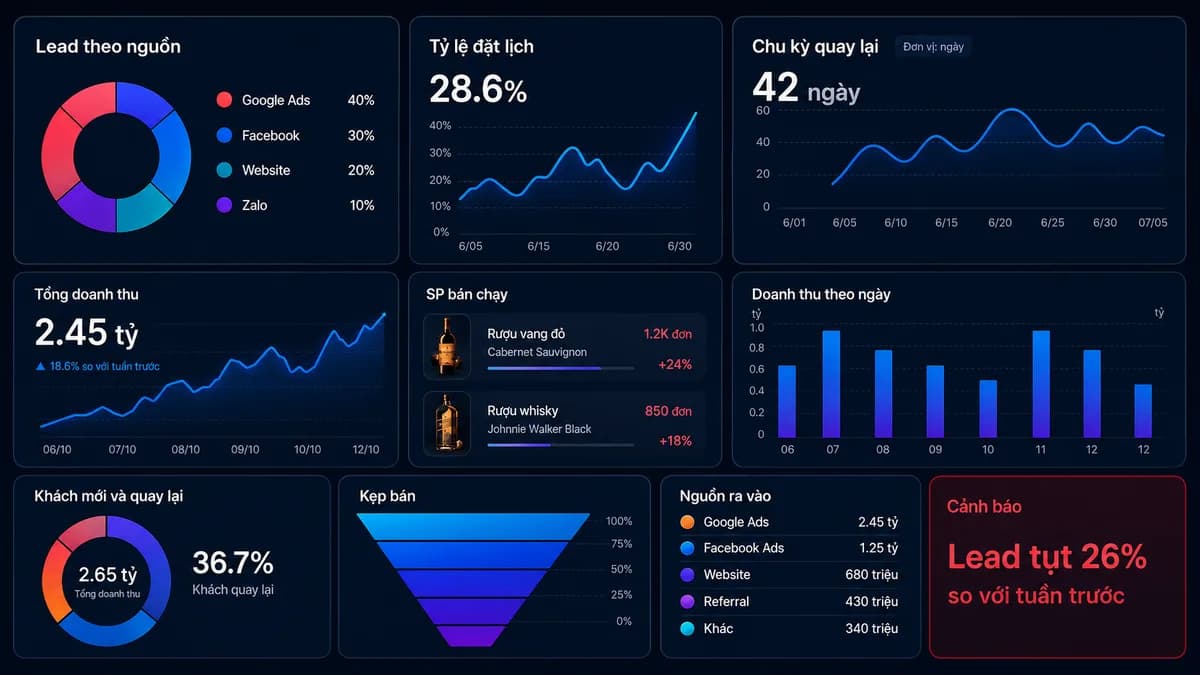 Dashboard NAVI Pulse cho ngành dịch vụ — lead theo nguồn, tỉ lệ đặt lịch, chu kỳ quay lại