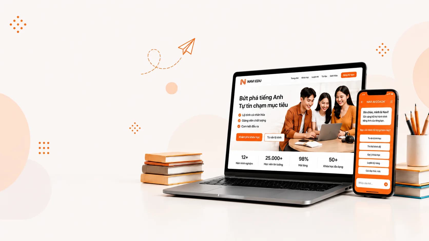 Website trung tâm tiếng Anh NAVI EDU trên laptop và chatbot AI trên điện thoại — form ghi danh, CRM tuyển sinh