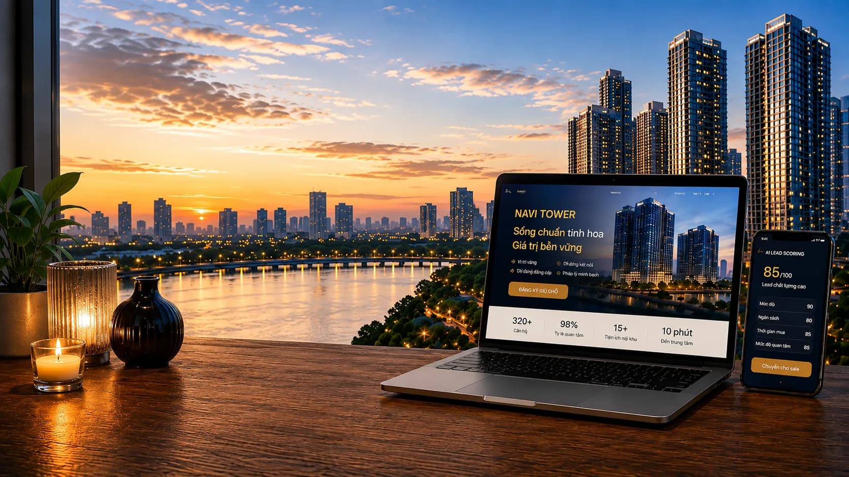 Landing bất động sản NAVI TOWER trên laptop và AI Lead Scoring 85/100 trên điện thoại — skyline thành phố hoàng hôn