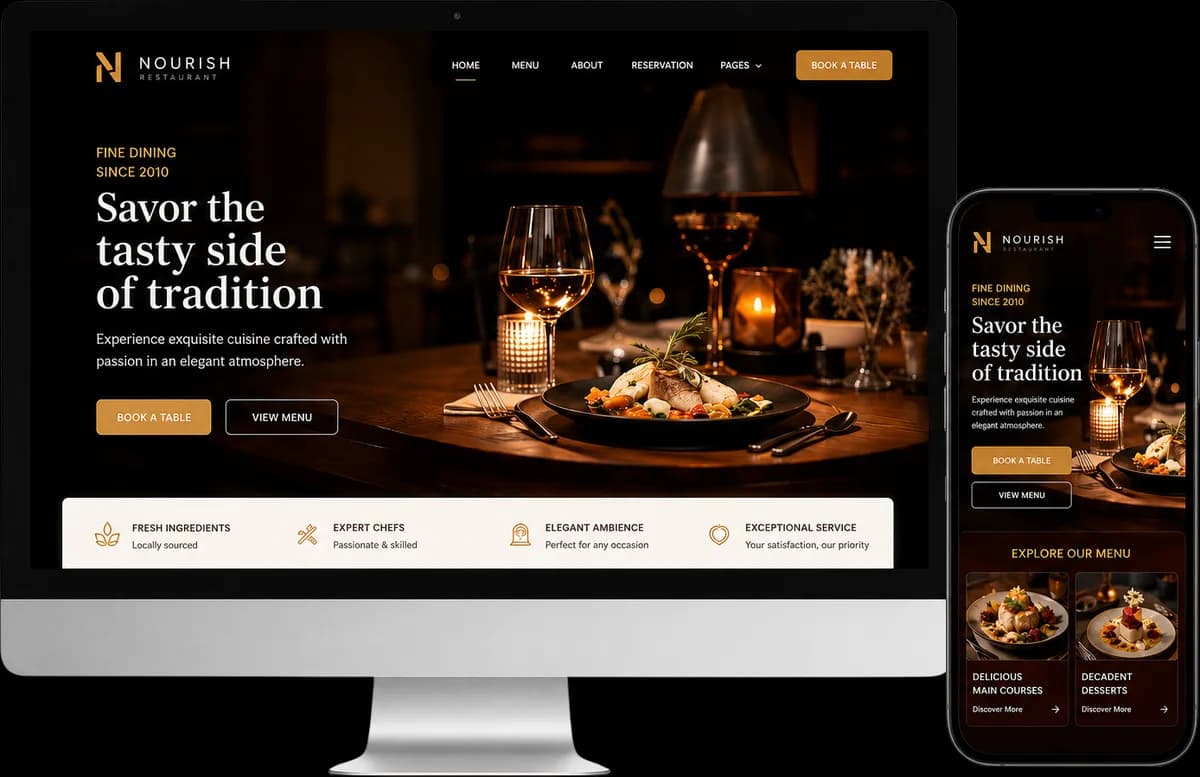 Demo website nhà hàng fine-dining Nourish Restaurant — sang trọng, đặt bàn đặt tiệc