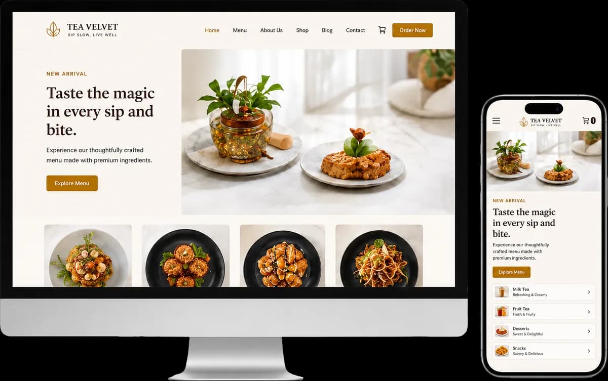 Demo website cafe trà Tea Velvet — menu trẻ trung, order online