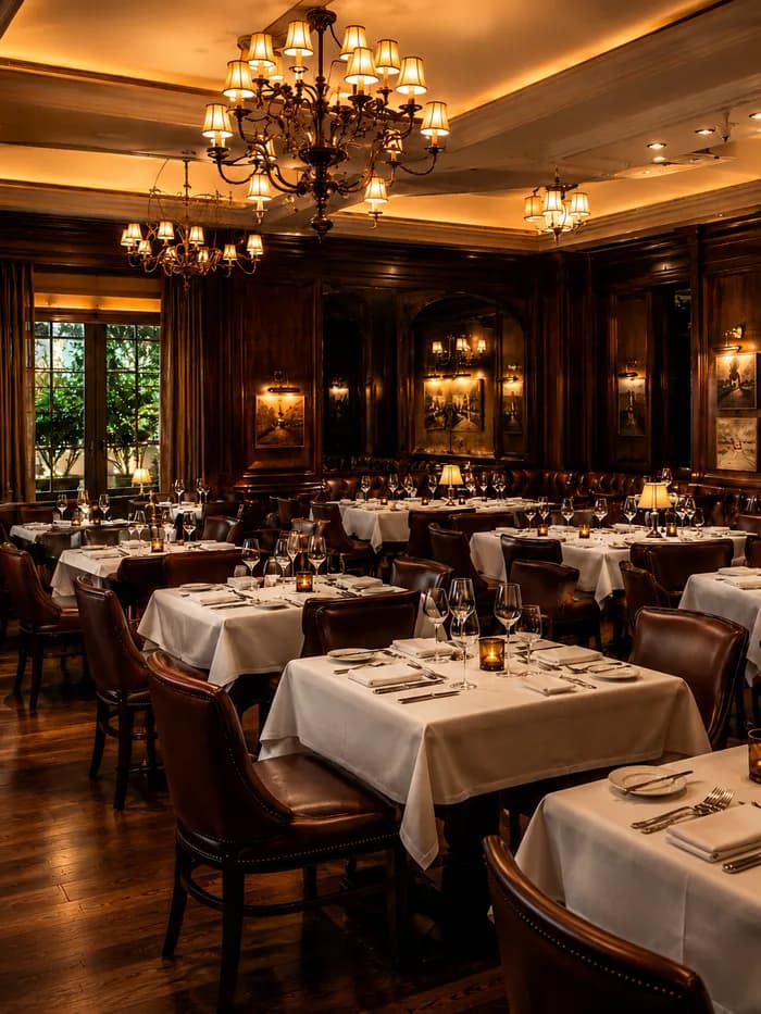 Không gian nhà hàng fine-dining đèn chùm sang trọng