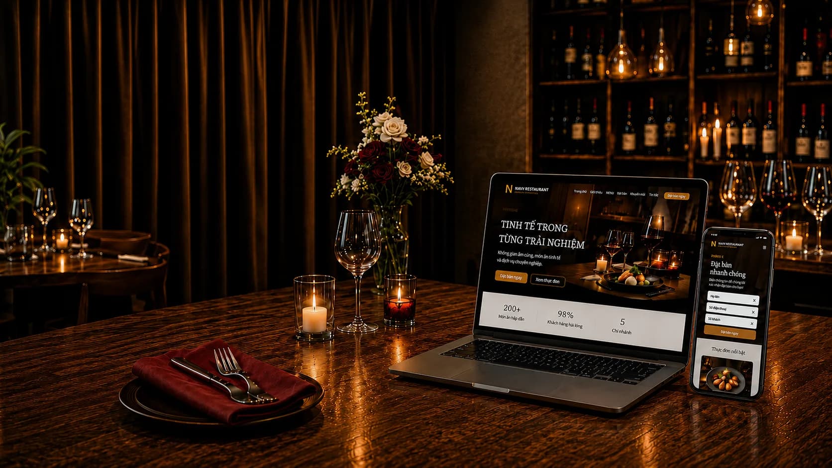 Website nhà hàng NAVI RESTAURANT hiển thị trên laptop và điện thoại giữa không gian nhà hàng ánh nến — đặt bàn online, menu QR