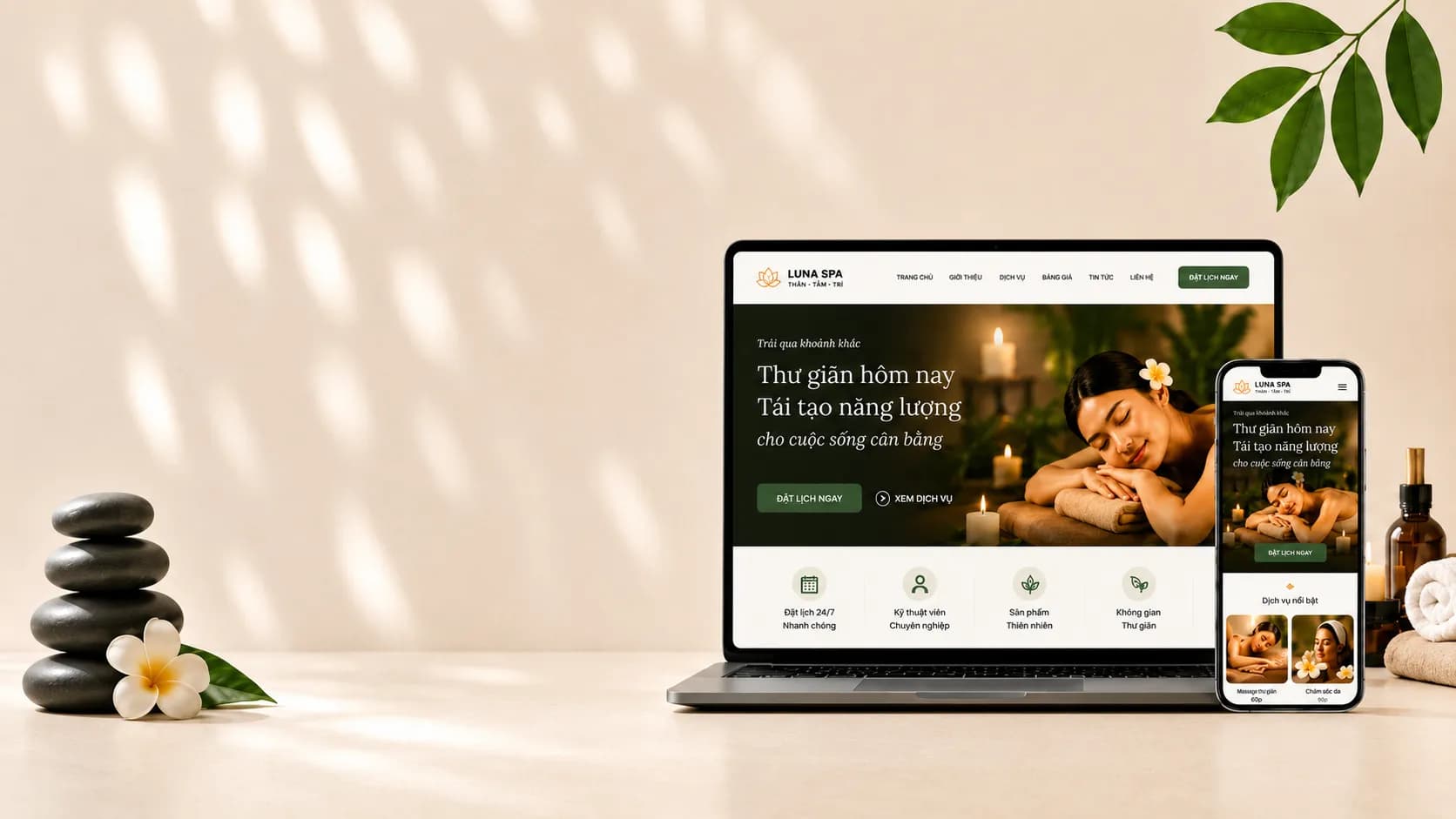 Website spa LUNA SPA hiển thị trên laptop và điện thoại giữa không gian spa — thiết kế bởi NAVI: đặt lịch 24/7, giao diện sang trọng