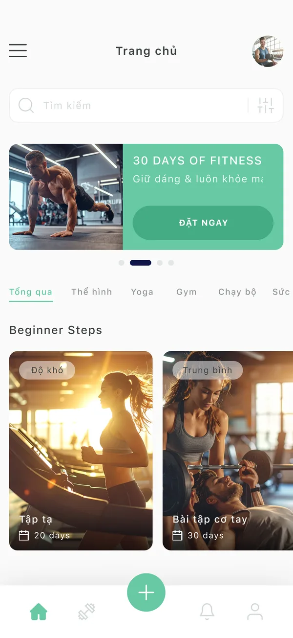 Màn hình app App gym fitness