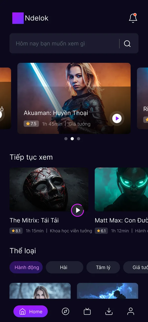 Màn hình app App xem phim TV streaming